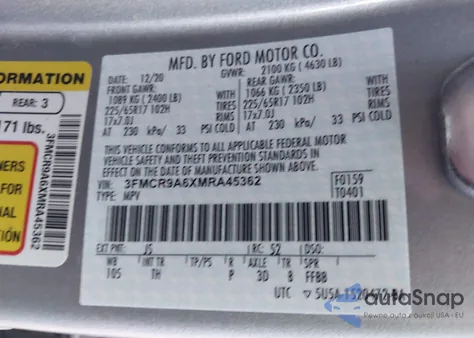 2021 Ford Bronco Sport z USA, uszkodzony, nr VIN 3FMCR9A6XMRA45362